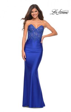 Style 30720 La Femme Blue Size 16 Black Tie Mermaid Dress on Queenly