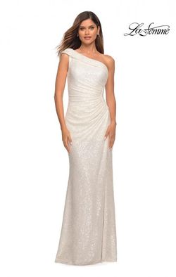 Style 29627 La Femme White Size 4 Floor Length One Shoulder Mermaid Dress on Queenly