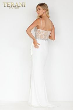 Style 2221E0352 Terani Couture White Size 16 Sequin Free Shipping Tall Height Beaded Top Side slit Dress on Queenly