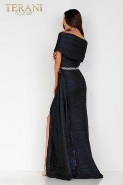 Style 2011E2105 Terani Couture Blue Size 6 Tall Height Black Tie Side slit Dress on Queenly