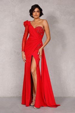Style 2214E0164 Terani Couture Red Size 6 Black Tie Pageant Tall Height Side slit Dress on Queenly