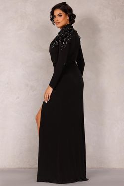 Style 1822E7260 Terani Couture Black Size 10 Sequin Long Sleeve Side slit Dress on Queenly