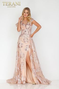 Style 2111E4724 Terani Couture Rose Gold Size 12 Side slit Dress on Queenly