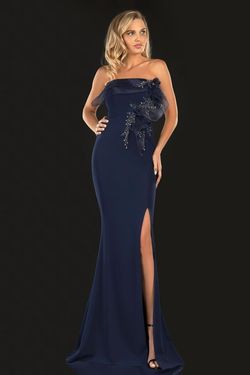 Style 2021E2818 Terani Couture Blue Size 6 Navy Tall Height Side slit Dress on Queenly
