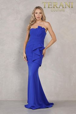 Style 2214E0165 Terani Couture Blue Size 8 Floor Length Black Tie Straight Dress on Queenly