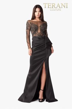 Style 2021E2878 Terani Couture Black Size 14 Floor Length Tall Height Pageant Side slit Dress on Queenly