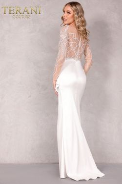Style 2021E2878 Terani Couture White Size 2 Beaded Top Floor Length Side slit Dress on Queenly