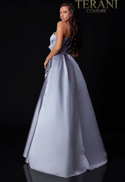 Style 2111E4728 Terani Couture Silver Size 4 Floor Length Side slit Dress on Queenly