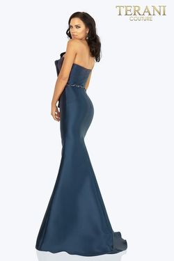 Style 2011E2103 Terani Couture Blue Size 6 Black Tie Side slit Dress on Queenly