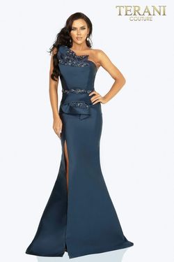 Style 2011E2103 Terani Couture Blue Size 6 Black Tie Side slit Dress on Queenly