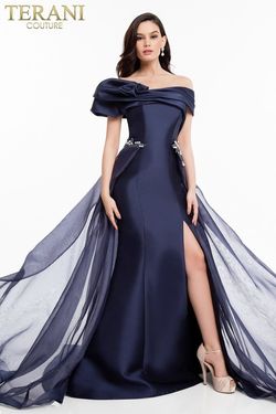 Style 1821E7100 Terani Couture Blue Size 6 Black Tie Side slit Dress on Queenly