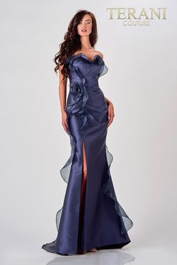 Style 2111E4743 Terani Couture Blue Size 4 Tall Height Black Tie Mermaid Dress on Queenly