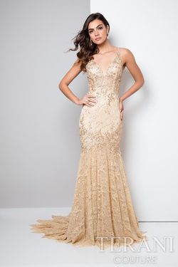 Style 1711GL3526 Terani Couture Gold Size 4 Floor Length Pageant Tall Height Mermaid Dress on Queenly