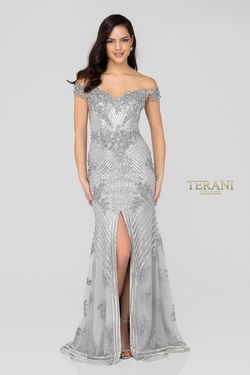 Style 1912GL9572 Terani Couture Silver Size 16 Tall Height Pageant Free Shipping Mermaid Dress on Queenly