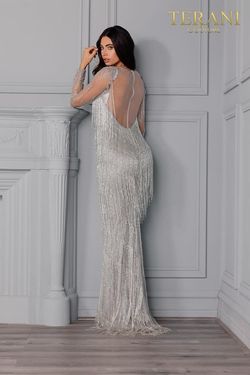 Style 2111GL5037 Terani Couture Silver Size 8 Floor Length Jewelled Tall Height Straight Dress on Queenly