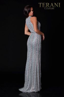 Style 2111GL5059 Terani Couture Silver Size 4 Floor Length Tall Height Pageant Side slit Dress on Queenly