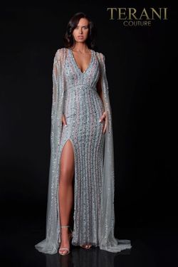 Style 2111GL5059 Terani Couture Silver Size 4 Tall Height Floor Length Free Shipping Side slit Dress on Queenly