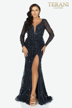 Style 2012GL2392 Terani Couture Blue Size 6 Black Tie Side slit Dress on Queenly