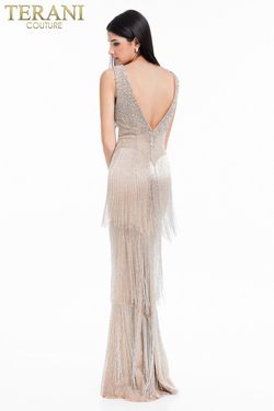 Style 1821GL7401 Terani Couture Silver Size 0 Sequin Jewelled Straight Dress on Queenly