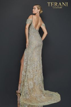 Style 2011GL2213 Terani Couture Silver Size 8 Pageant Floor Length Side slit Dress on Queenly