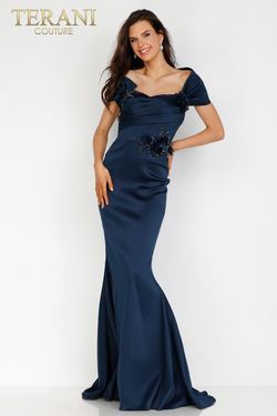 Style 2021M2969 Terani Couture Blue Size 8 Tall Height Black Tie Straight Dress on Queenly