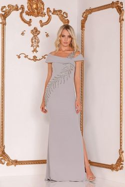 Style 2111M5289 Terani Couture Silver Size 20 Floor Length Free Shipping Side slit Dress on Queenly