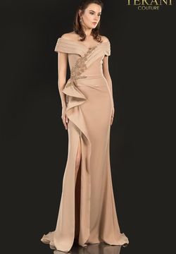 Style 2021M2986 Terani Couture Nude Size 8 Pageant Floor Length Free Shipping Side slit Dress on Queenly