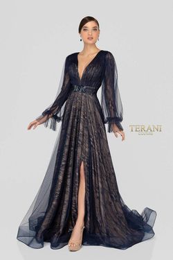 Style 1913M9414 Terani Couture Blue Size 10 Black Tie Side slit Dress on Queenly
