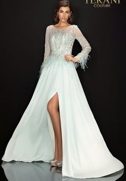 Style 2011M2163 Terani Couture Light Green Size 10 Black Tie Free Shipping Side slit Dress on Queenly