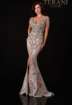 Style 2111M5302 Terani Couture Nude Size 4 Floor Length Prom Sequin Mermaid Dress on Queenly