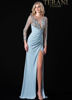 Style 2111M5266 Terani Couture Blue Size 16 Floor Length Pageant Side slit Dress on Queenly