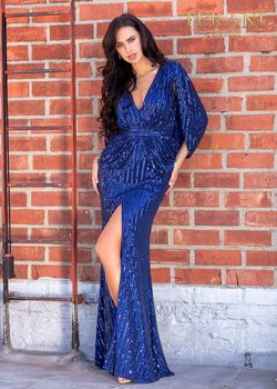 Style 2011M2154 Terani Couture Blue Size 6 Pageant Floor Length Free Shipping Side slit Dress on Queenly