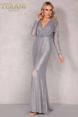 Style 2111M5280 Terani Couture Silver Size 4 Black Tie Pageant Side slit Dress on Queenly