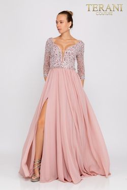 Style 2011M2464 Terani Couture Pink Size 2 Floor Length Side slit Dress on Queenly