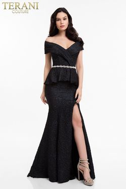 Style 1821M7561 Terani Couture Blue Size 2 Black Tie Floor Length Side slit Dress on Queenly