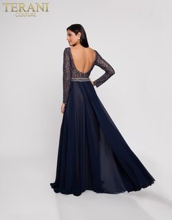 Style 1812M6650 Terani Couture Blue Size 2 Floor Length Tall Height Pageant Ball gown on Queenly