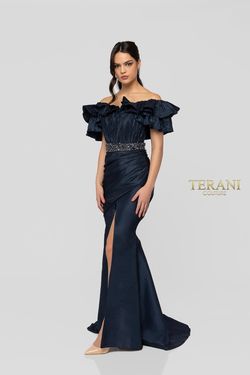 Style 1913M9411 Terani Couture Blue Size 4 Free Shipping Navy 50 Off Side slit Dress on Queenly