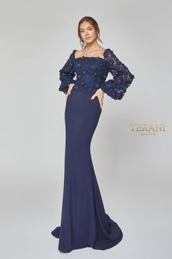 Style 1921M0489 Terani Couture Blue Size 4 Free Shipping Tall Height Straight Dress on Queenly