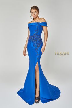 Style 1921M0510 Terani Couture Blue Size 6 Black Tie Side slit Dress on Queenly