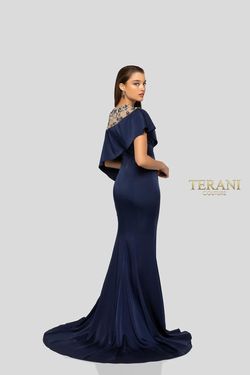 Style 1913M9431 Terani Couture Blue Size 4 Tall Height Black Tie Side slit Dress on Queenly