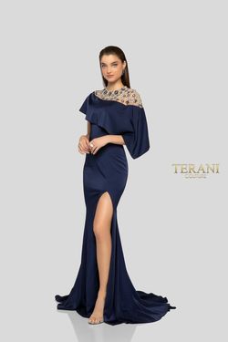 Style 1913M9431 Terani Couture Blue Size 4 Floor Length Side slit Dress on Queenly