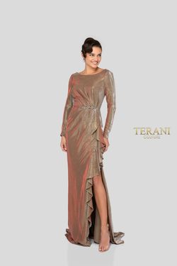 Style 1911M9343 Terani Couture Gold Size 4 Floor Length Side slit Dress on Queenly