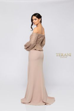 Style 1911M9328 Terani Couture Nude Size 4 Sleeves Wedding Guest Side slit Dress on Queenly