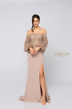 Style 1911M9328 Terani Couture Nude Size 4 Free Shipping Prom Long Sleeve Side slit Dress on Queenly