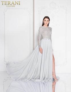 Style 1813M6703 Terani Couture Silver Size 4 Free Shipping Tall Height Side slit Dress on Queenly