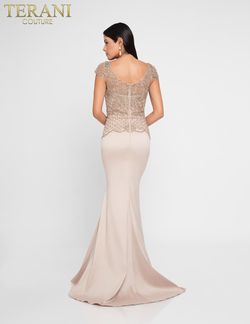 Style 1811M6578 Terani Couture Nude Size 4 Sequin Cap Sleeve Beaded Top Prom Side slit Dress on Queenly