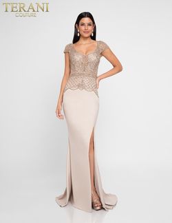 Style 1811M6578 Terani Couture Nude Size 4 Sequin Cap Sleeve Beaded Top Prom Side slit Dress on Queenly