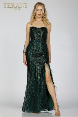 Style 231P0030 Terani Couture Green Size 10 Emerald Black Tie Side slit Dress on Queenly