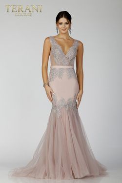 Style 231P0189 Terani Couture Nude Size 10 Rose Gold Jewelled Pageant Floor Length Mermaid Dress on Queenly