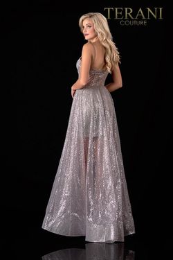 Style 2111P4071 Terani Couture Silver Size 6 Floor Length Free Shipping A-line Dress on Queenly